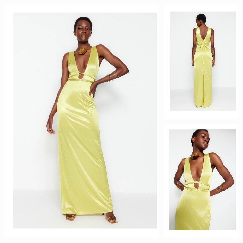 Cut-Out Oil Green dress V-Neck Fitted Evening Dress Vacation Dress Wedding Guess